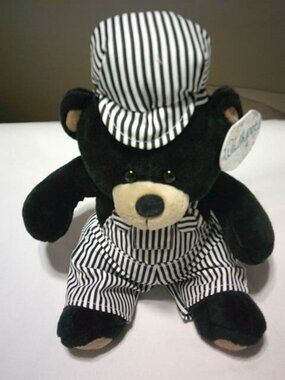 NEW WISHPETS CHARLIE BLK 12" TEDDY BEAR WEARING TRAIN CONDUCTOR ENGINEER OUTFIT